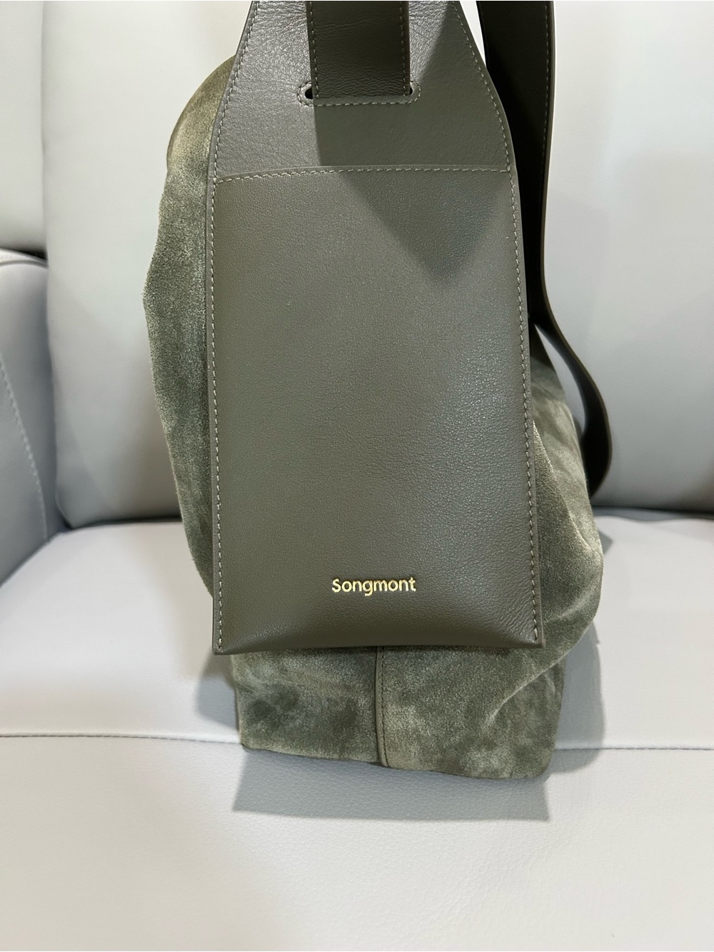 Songmont Medium Drippy Tote Bag Olive Suede Genuine Leather - Picture 4 of 10
